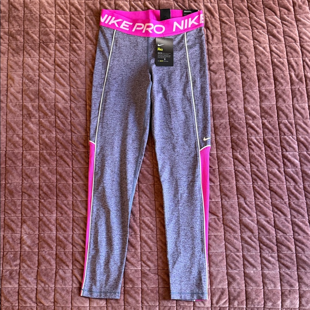 NWT Nike Pro Gray Leggings with Pink Waistband and Side Panels Size Small